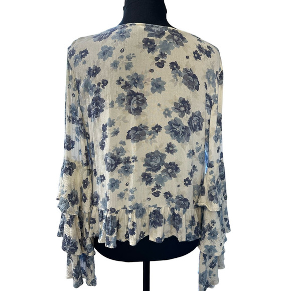 American Eagle Cream and Blue Floral Print Ruffle Sleeve V-Neck Top Size S - Picture 3 of 7